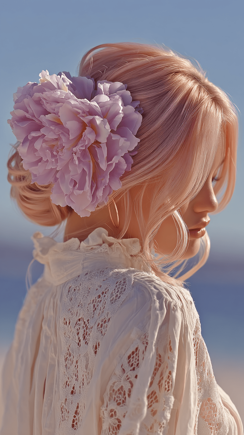 petal nymph 7 year old girl light mauve hair accessory decorative mood maximizing affection touching clarity healing coexistence coexistence restoration purity of light clarity harmony of colors clarity soft emotions circulation motion cinematic lace clothes