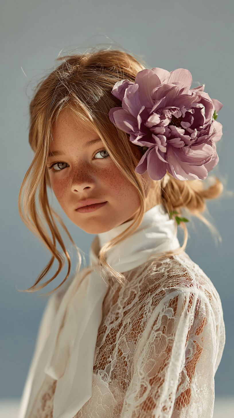 petal nymph 7 year old girl light mauve hair accessory decorative mood maximizing affection touching clarity healing coexistence coexistence restoration purity of light clarity harmony of colors clarity soft emotions circulation motion cinematic lace clothes