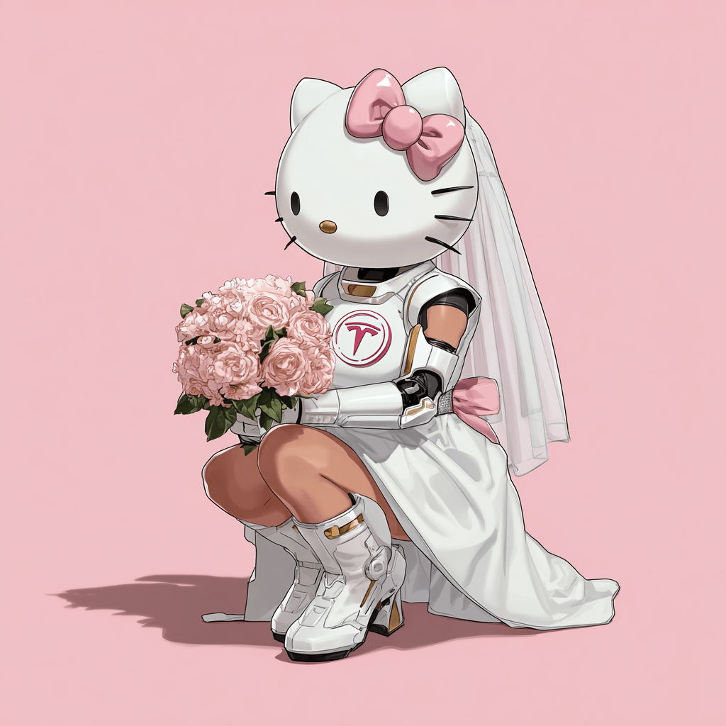 테슬라 로고가 져있는 웨딩드레스를 입은 귀여운 헬로 키티
