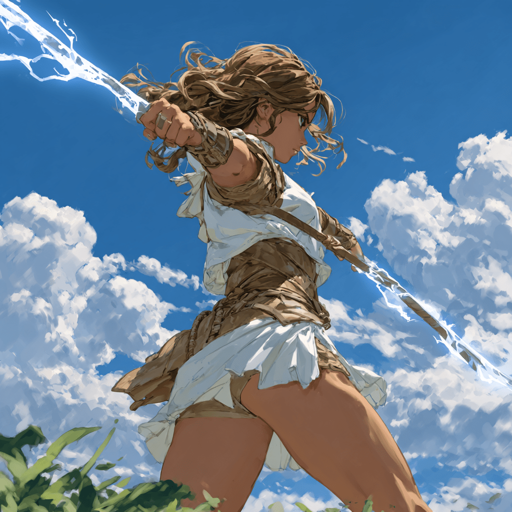 A female warrior about to shoot a lightning bolt
