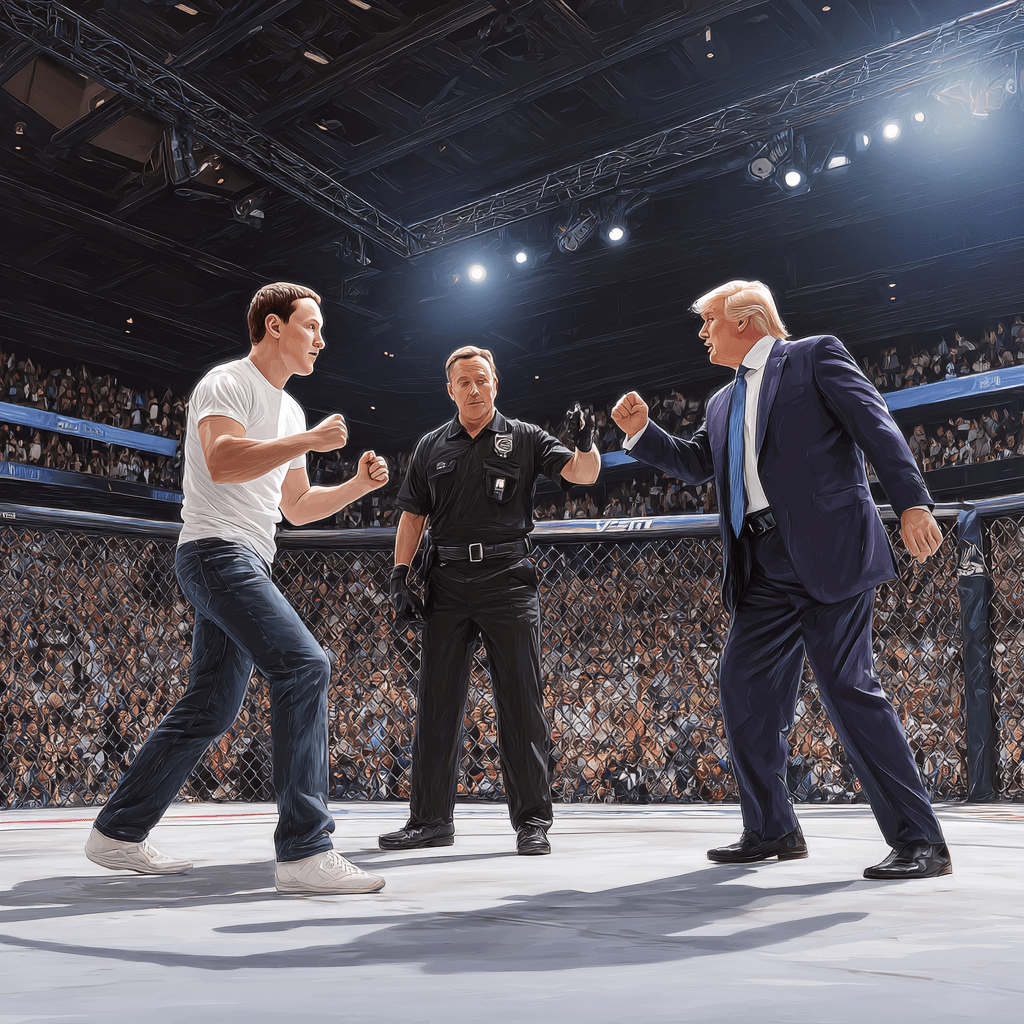 일론머스크와 UFC 경기장에서 격동적으로 시합중인 마크 저커버그와
심판중인 트럼프