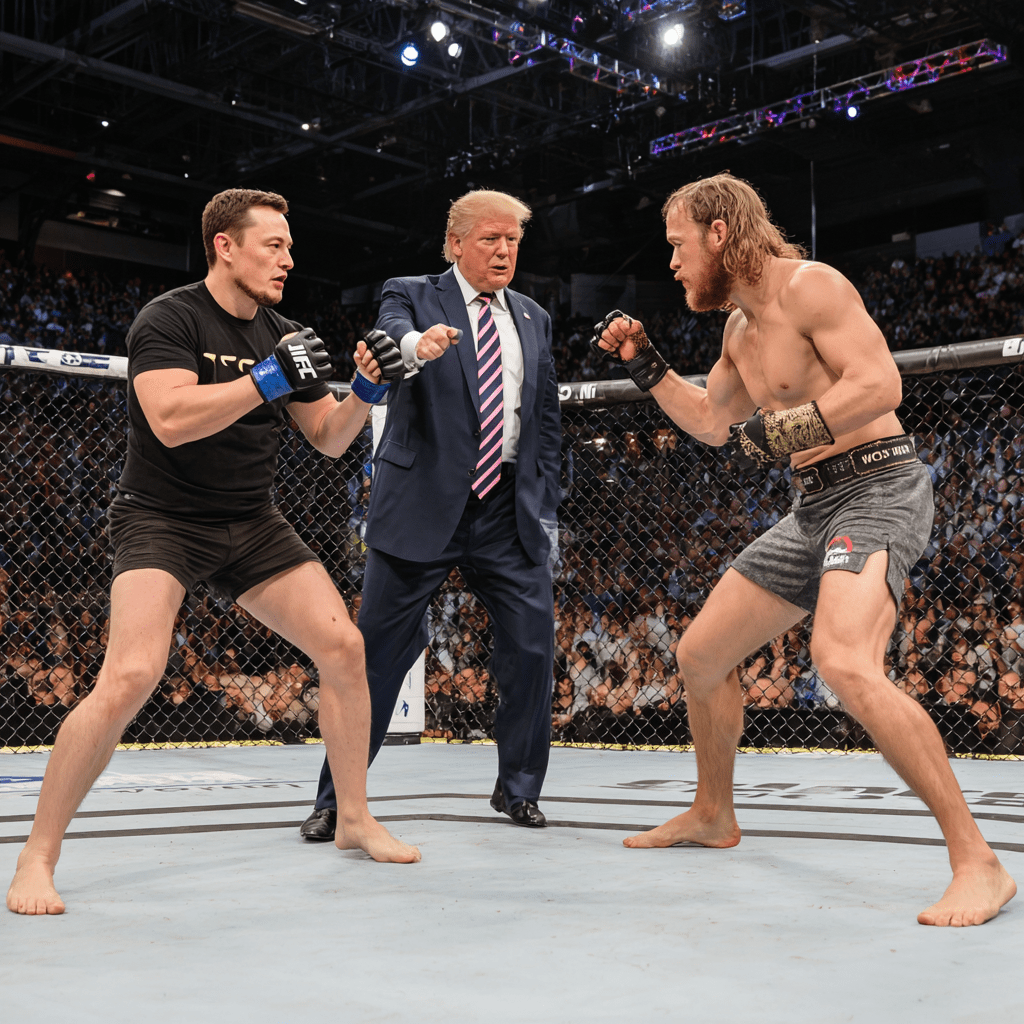 일론머스크와 UFC 경기장에서 격동적으로 시합중인 마크 저커버그와
심판중인 트럼프