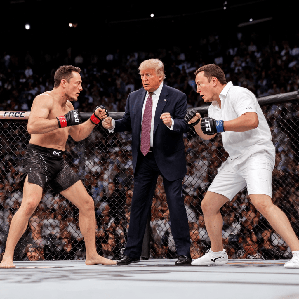 일론머스크와 UFC 경기장에서 격동적으로 시합중인 마크 저커버그와
심판중인 트럼프