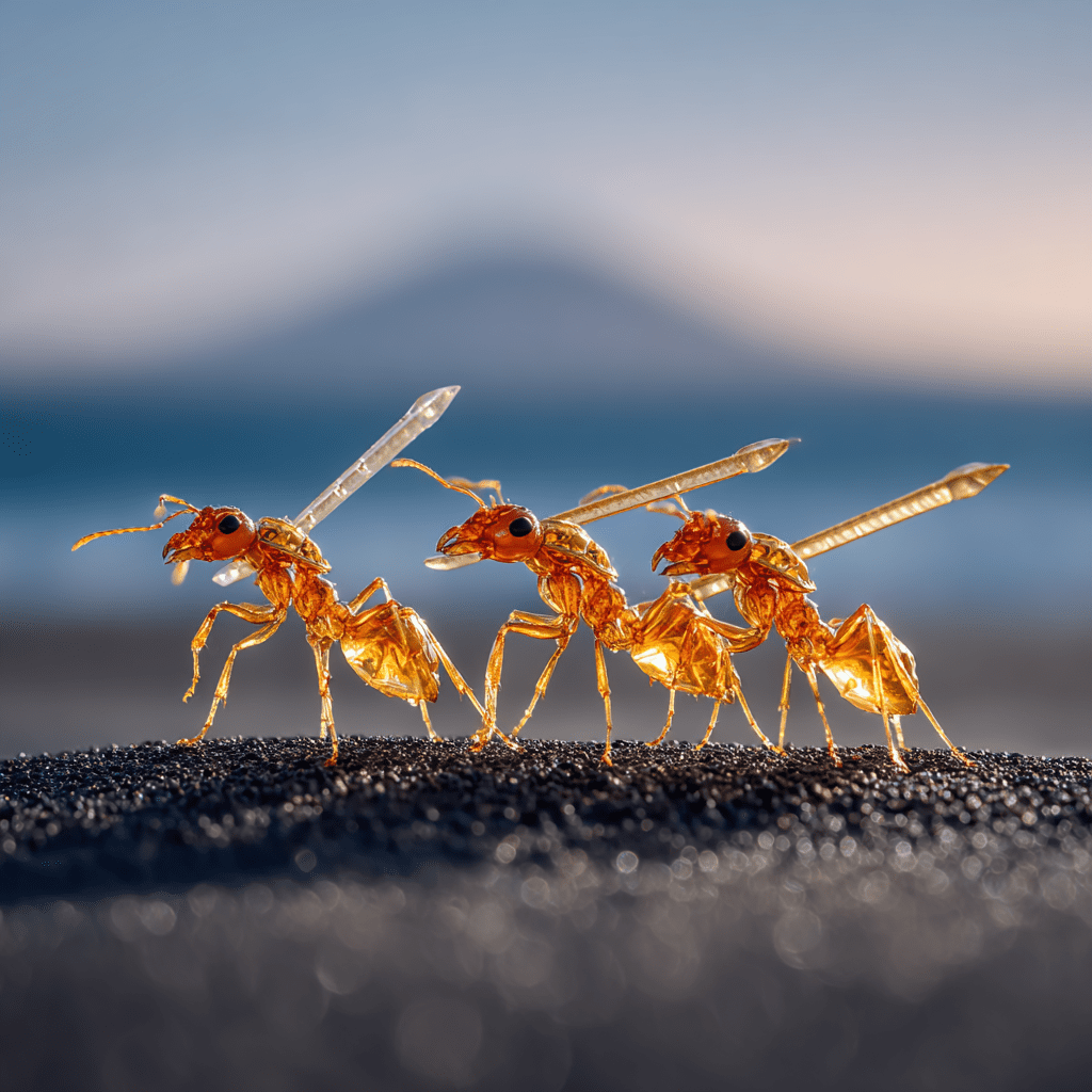 Fire ants walking on lava fire ants carrying weapons ants angry fire ants wearing armor first person