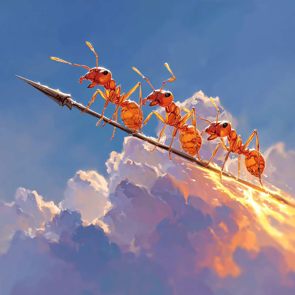 Make it look like a bunch of fire ants holding spears, swarming on the tip of a thunderbolt and crying