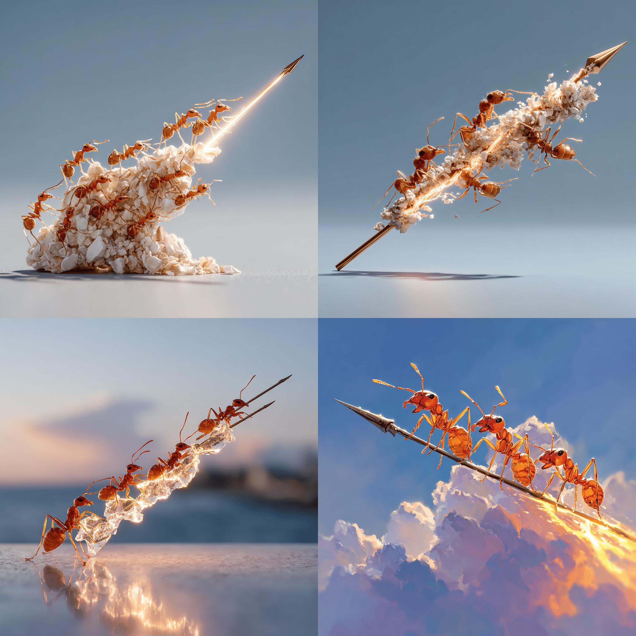 Make it look like a bunch of fire ants holding spears, swarming on the tip of a thunderbolt and crying