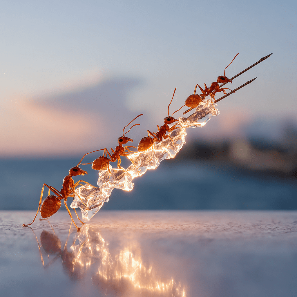 Make it look like a bunch of fire ants holding spears, swarming on the tip of a thunderbolt and crying