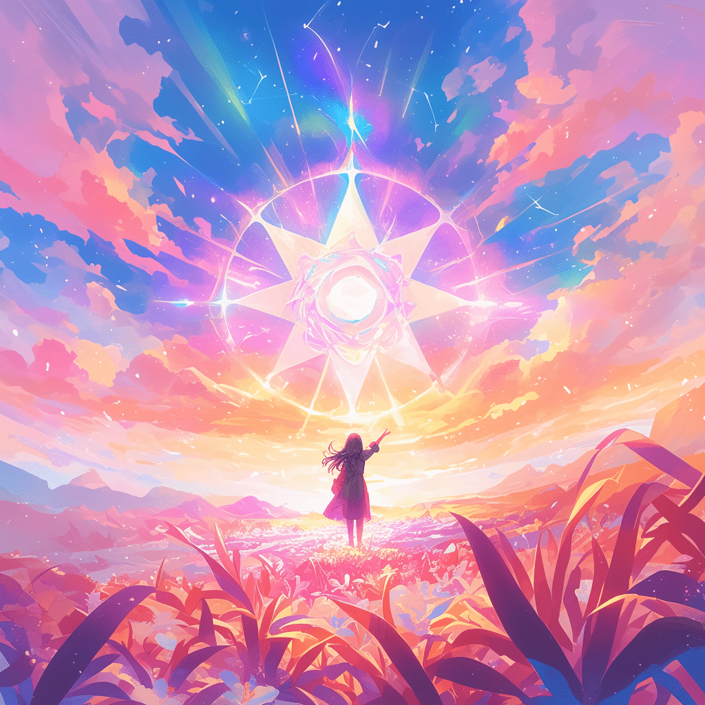 여자 공명하는 전신 광활한 아름다운 들판 만물 삼라만상 초월적 광휘 빛의 스펙트럼 유리 기하학 무늬 잔상 하늘을 질러 분홍빛 태양과 조우