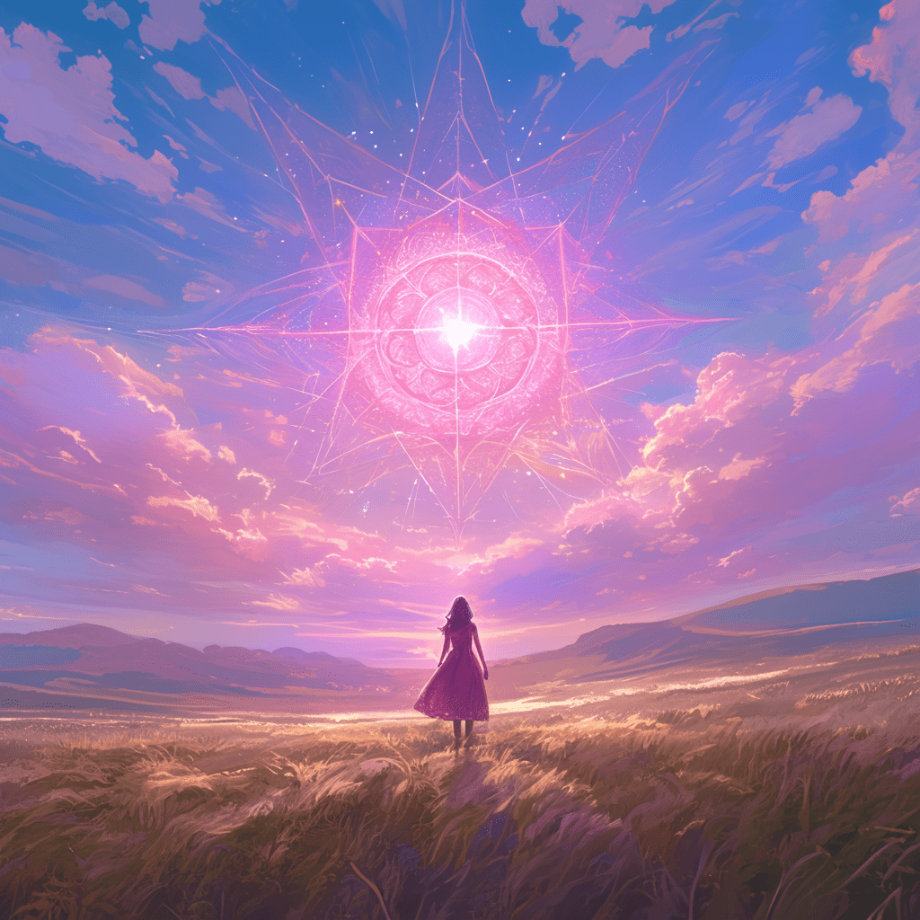 여자 공명하는 전신 광활한 아름다운 들판 만물 삼라만상 초월적 광휘 빛의 스펙트럼 유리 기하학 무늬 잔상 하늘을 질러 분홍빛 태양과 조우