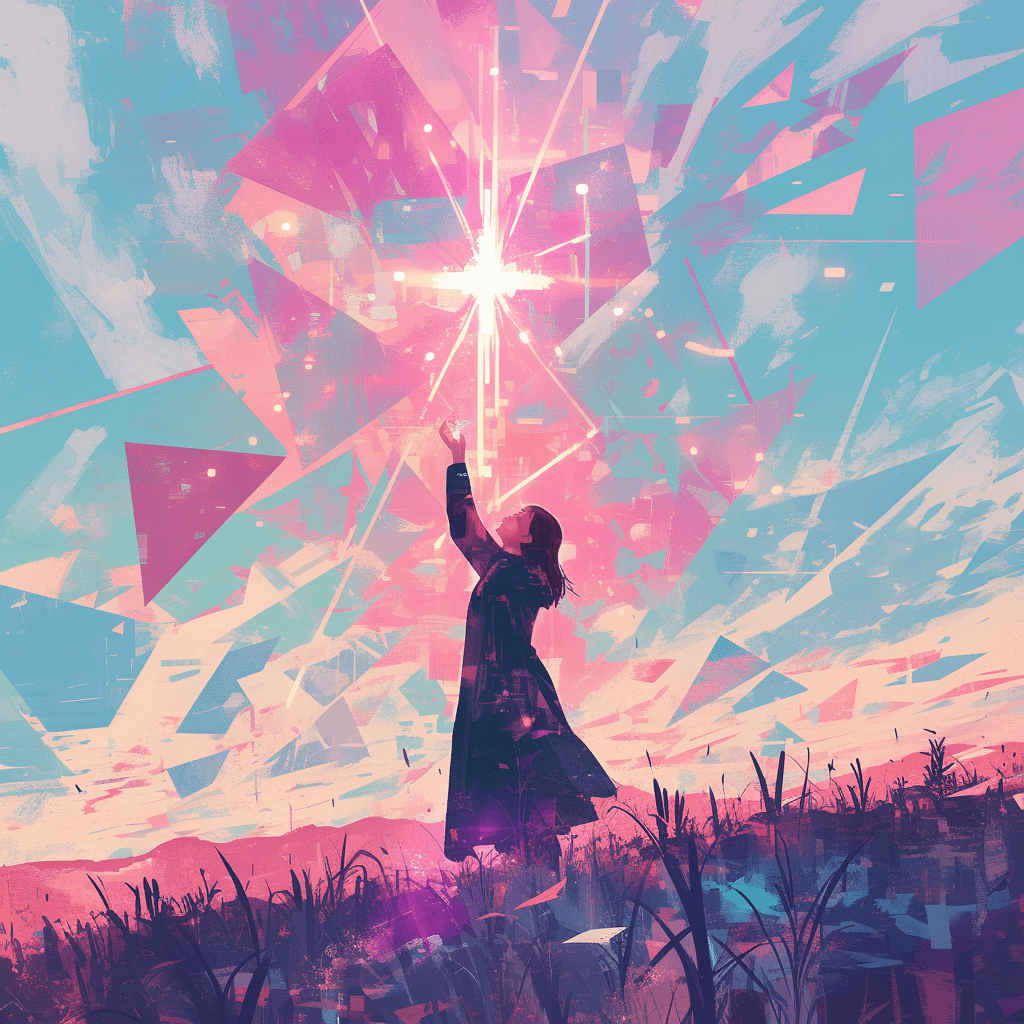 여자 공명하는 전신 광활한 아름다운 들판 만물 삼라만상 초월적 광휘 빛의 스펙트럼 유리 기하학 무늬 잔상 하늘을 질러 분홍빛 태양과 조우