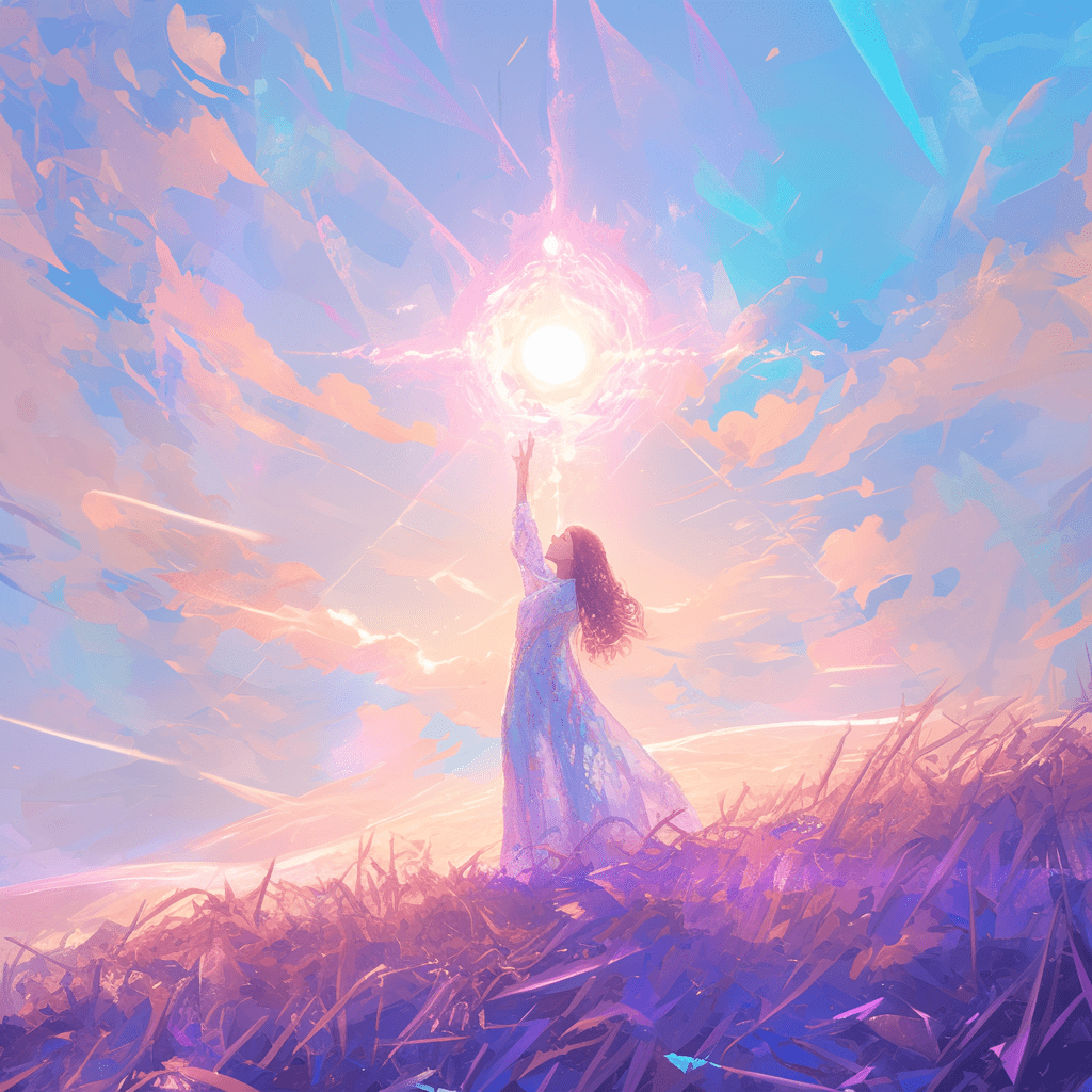 여자 공명하는 전신 광활한 아름다운 들판 만물 삼라만상 초월적 광휘 빛의 스펙트럼 유리 기하학 무늬 잔상 하늘을 질러 분홍빛 태양과 조우