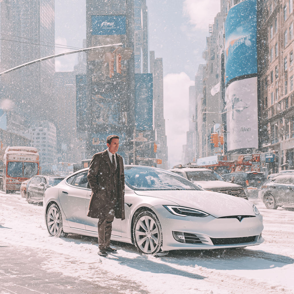 새하얀 눈이오는 뉴욕시내 한복판에 일론머스크와 테슬라로고
