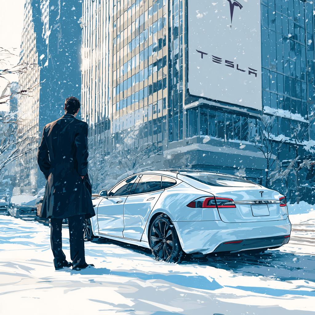 새하얀 눈이오는 뉴욕시내 한복판에 일론머스크와 테슬라로고
