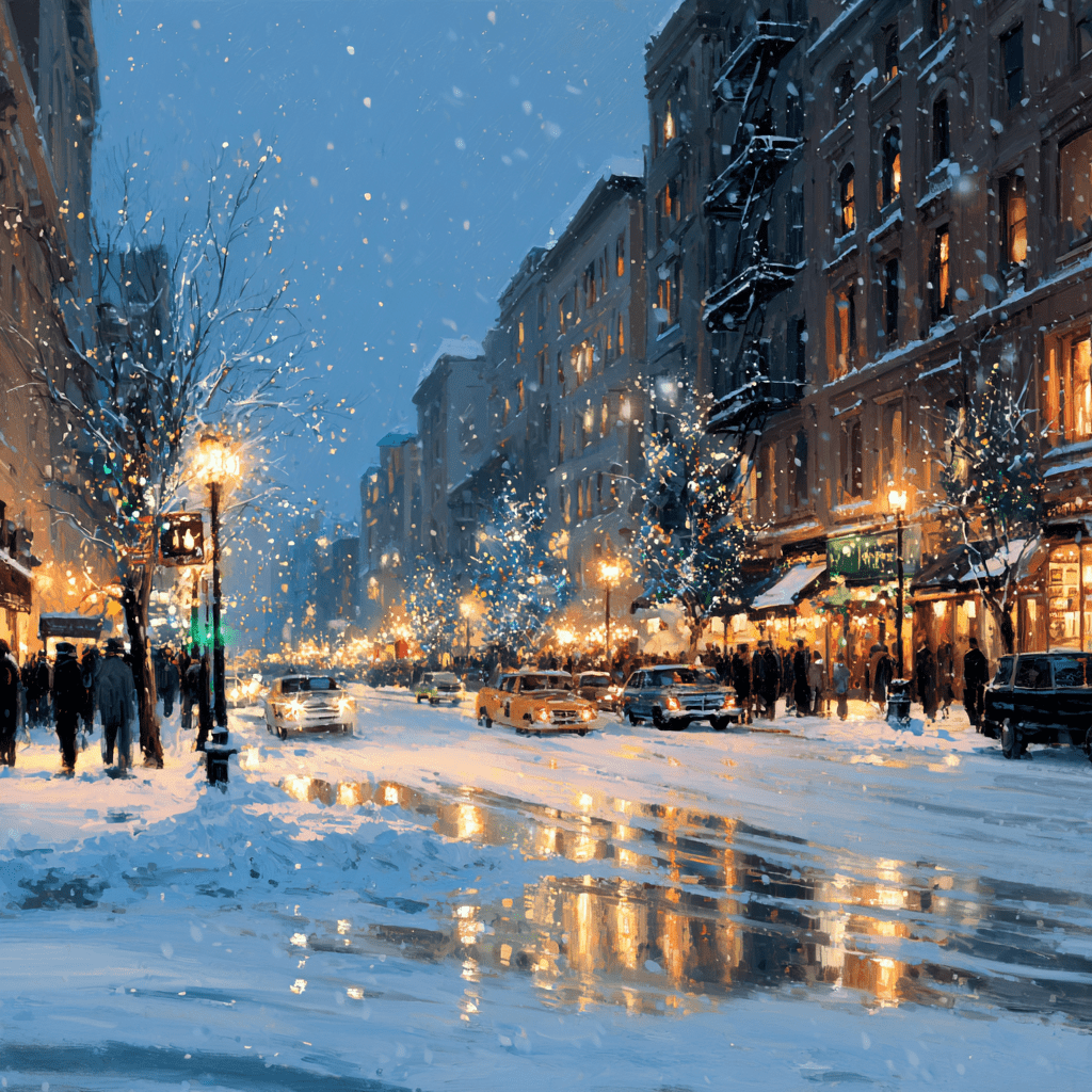 시간이 멈춘 눈오는 뉴욕시내 크리스마스 분위기