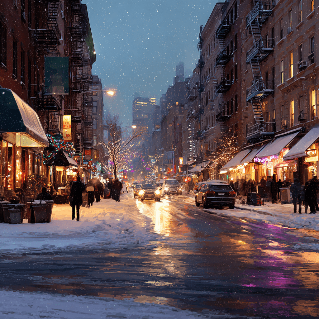시간이 멈춘 눈오는 뉴욕시내 크리스마스 분위기