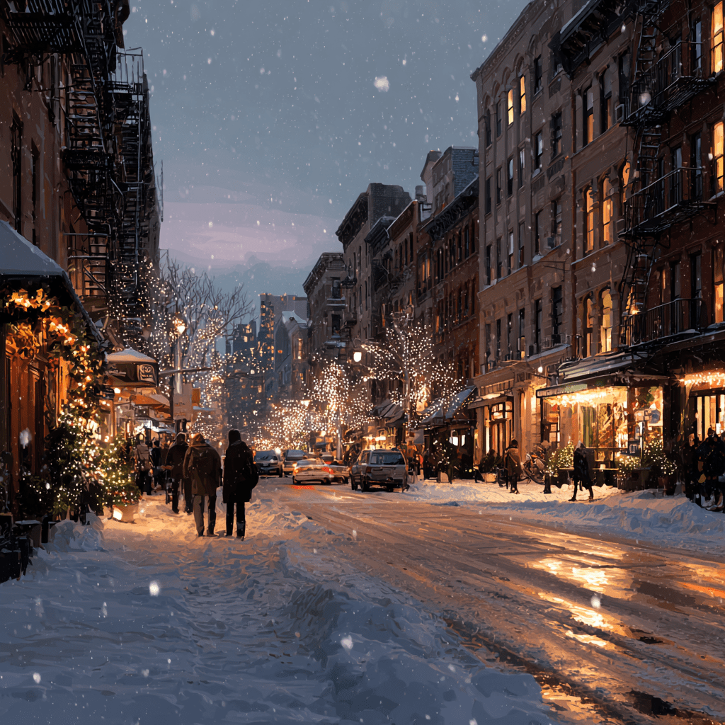 시간이 멈춘 눈오는 뉴욕시내 크리스마스 분위기