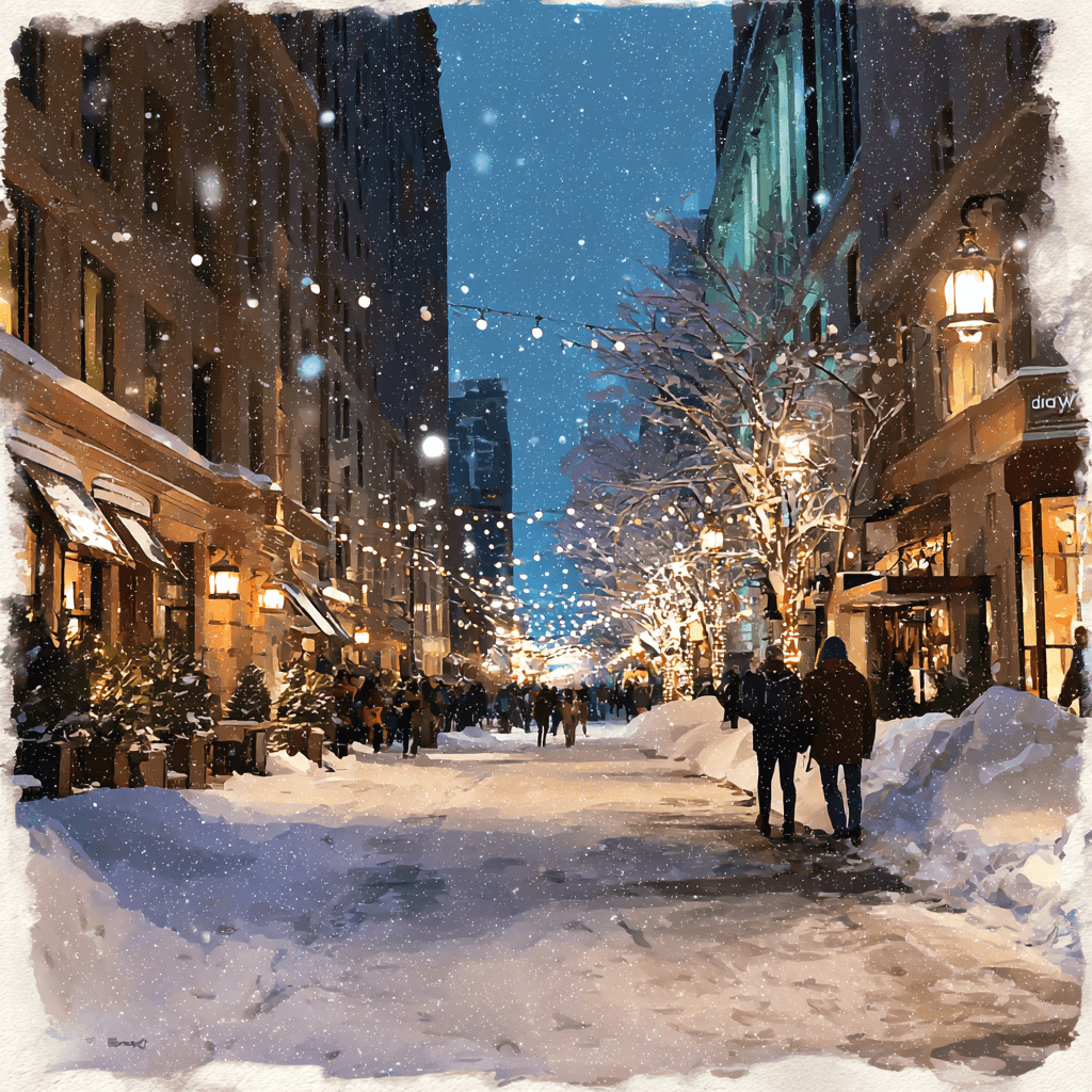 시간이 멈춘 눈오는 뉴욕시내 크리스마스 분위기