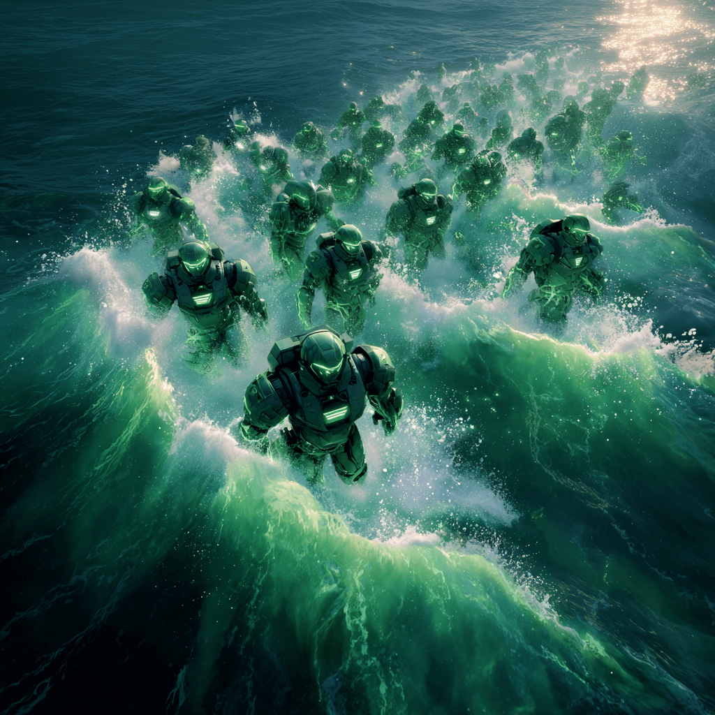 바다 물결 엔비디아로고 에메랄드 빛의 전사들