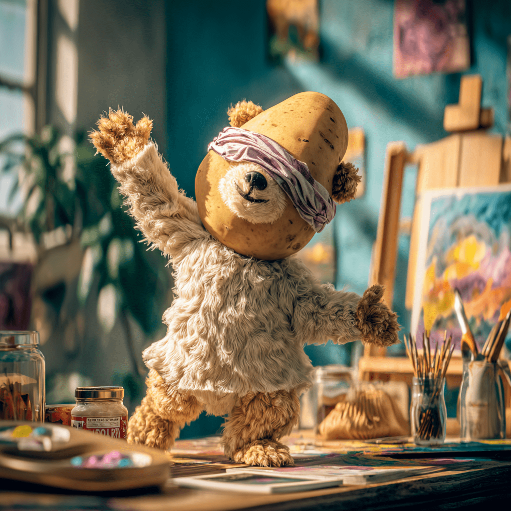 미장에 신나하는 감자탈을쓴 아기곰