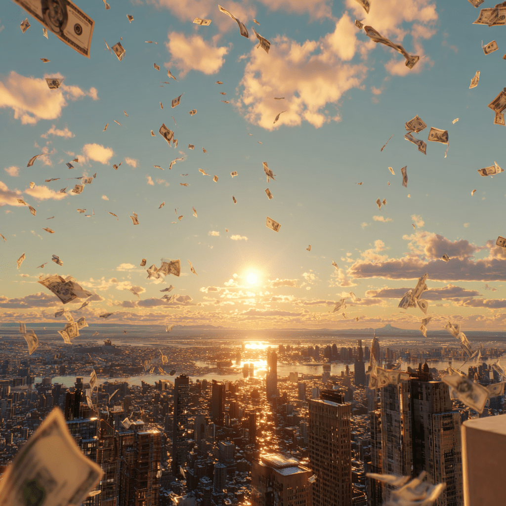 뉴욕 50m상공 수없이 많은 달러들이 눈처럼 내리는 장면과 황금색 건물들