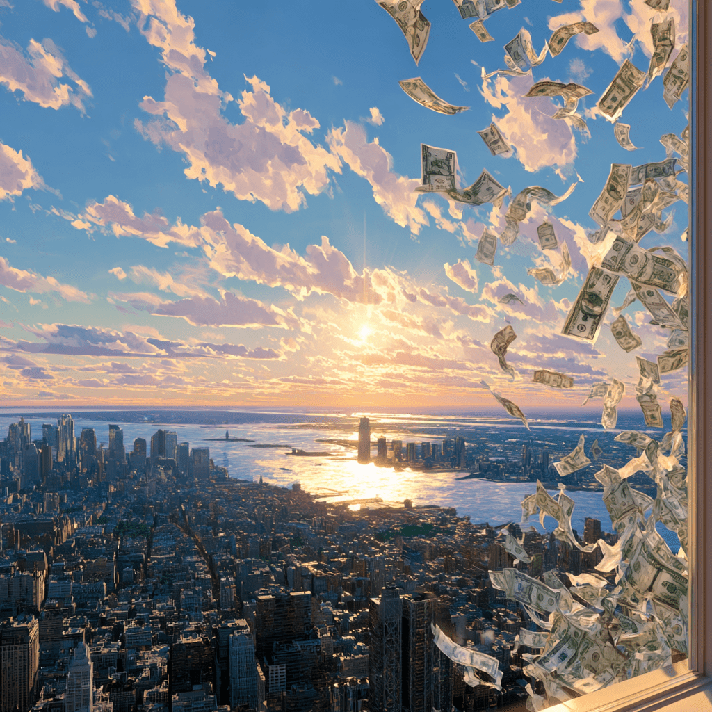 뉴욕 50m상공 수없이 많은 달러들이 눈처럼 내리는 장면과 황금색 건물들