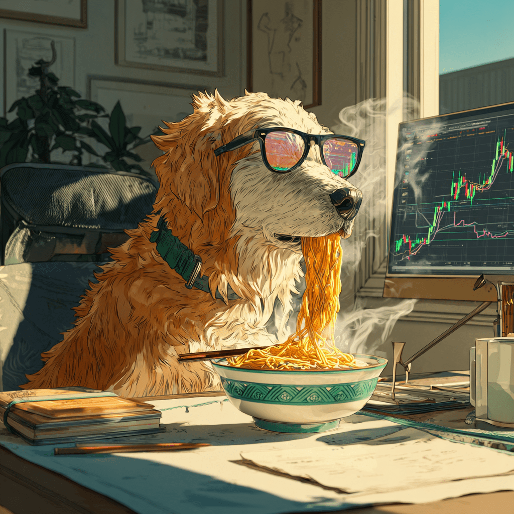 라면먹으며 주식하는 강아지