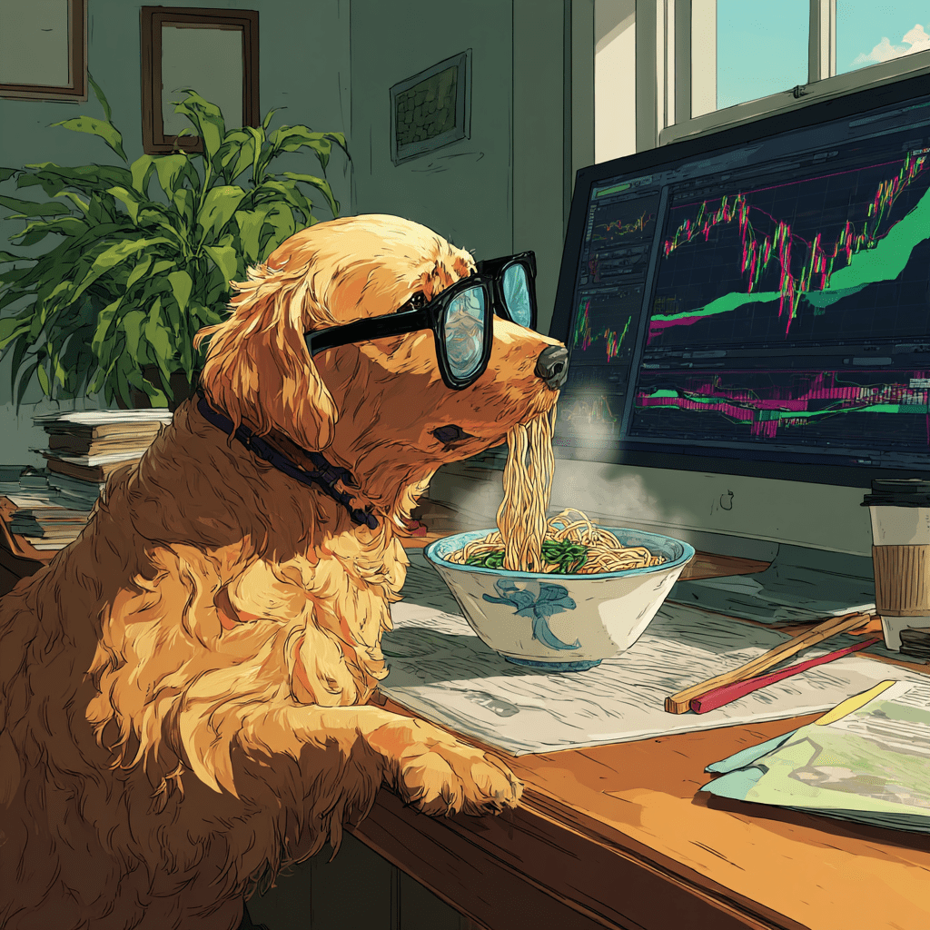 라면먹으며 주식하는 강아지