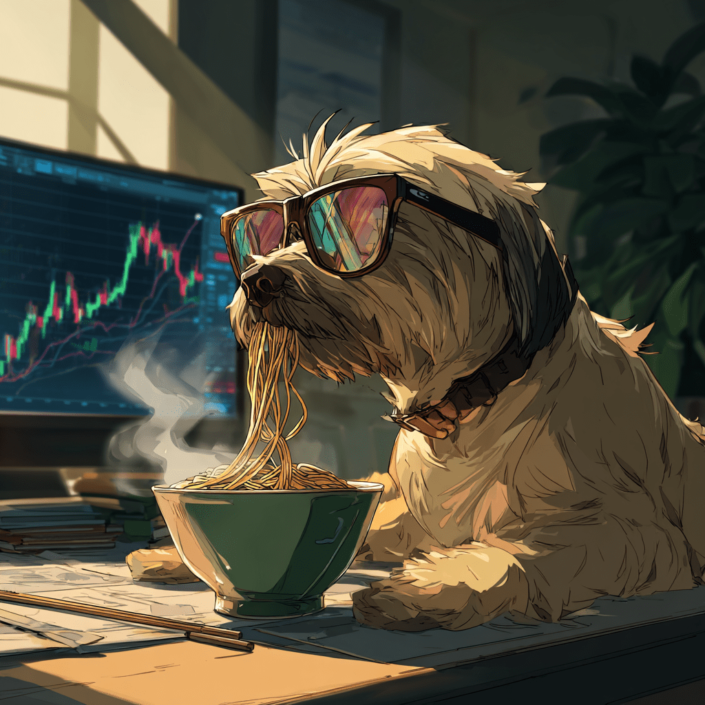 라면먹으며 주식하는 강아지