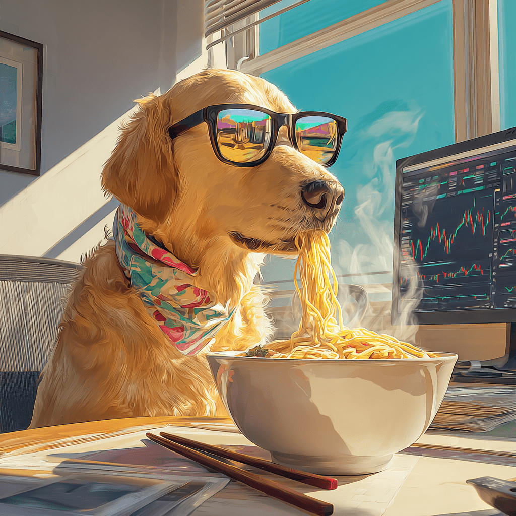 라면먹으며 주식하는 강아지