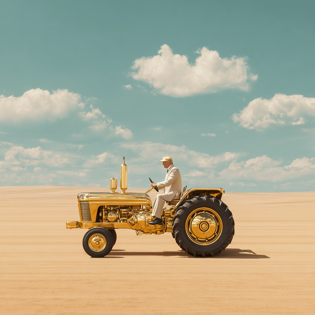 황금빛 트랙터를 타고 농사를 하는 트럼프