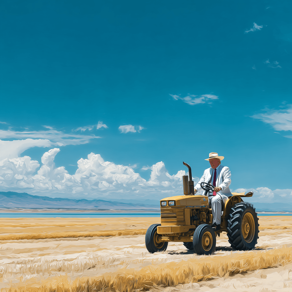 황금빛 트랙터를 타고 농사를 하는 트럼프
