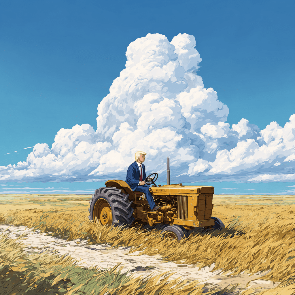황금빛 트랙터를 타고 농사를 하는 트럼프