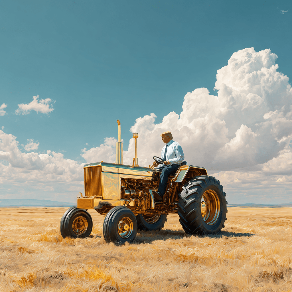 황금빛 트랙터를 타고 농사를 하는 트럼프