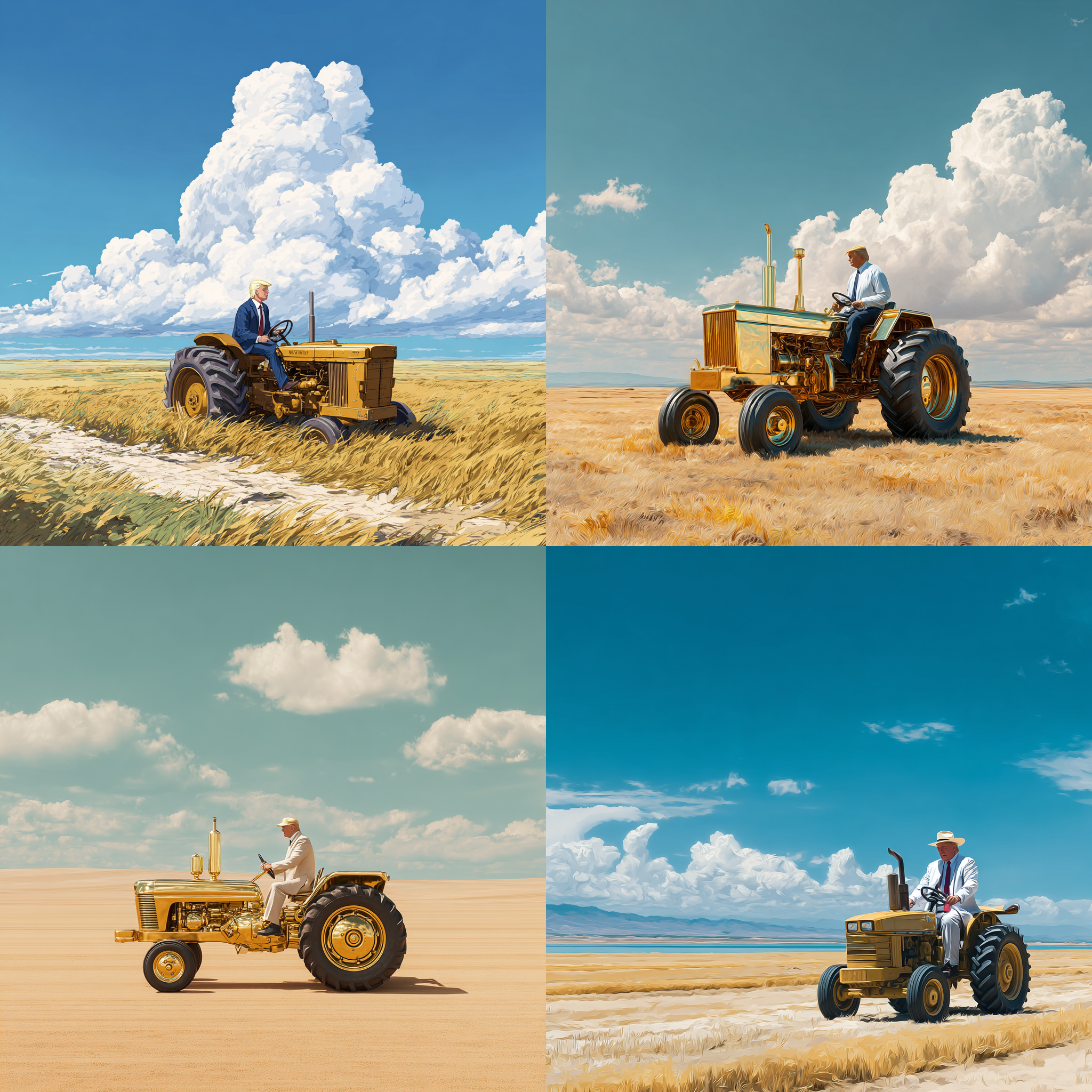 황금빛 트랙터를 타고 농사를 하는 트럼프