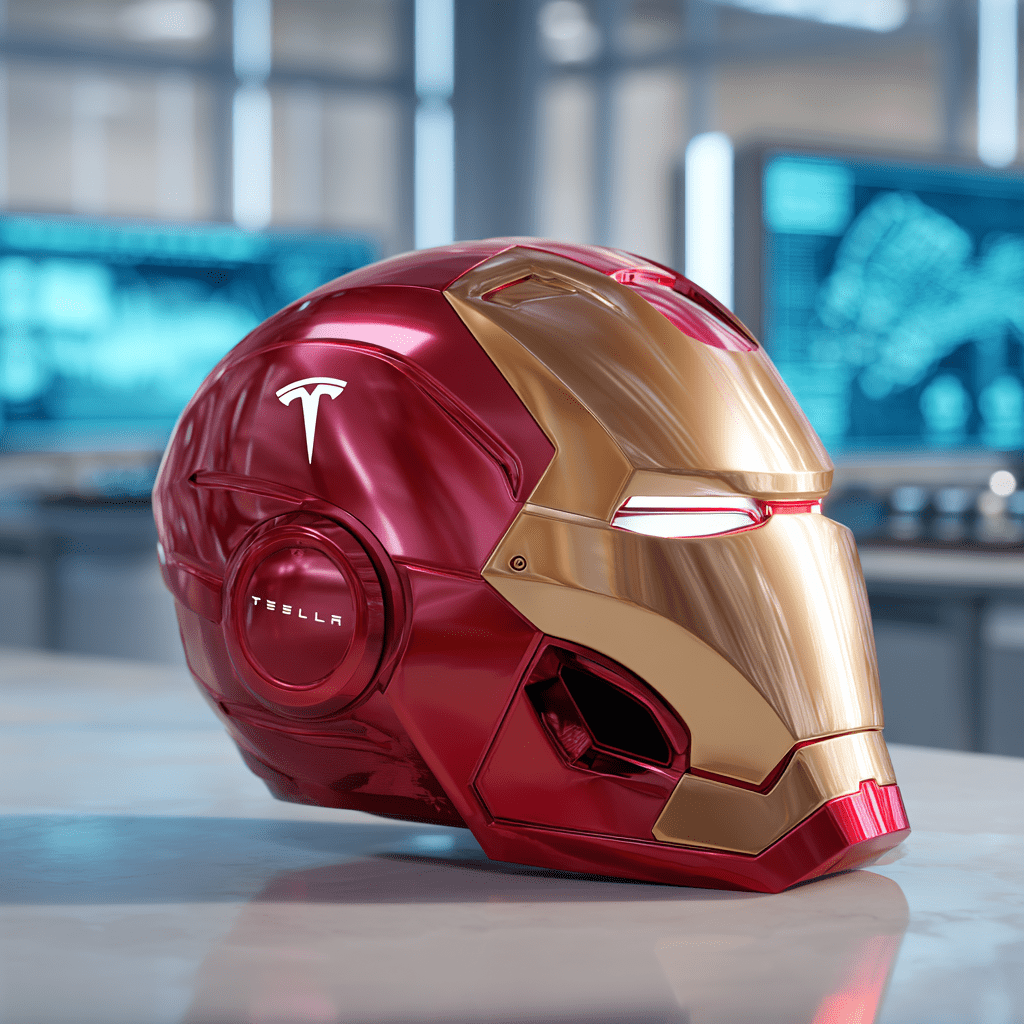 아이언맨 머리에 각인된 테슬라 로고