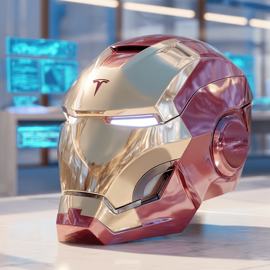 아이언맨 머리에 각인된 테슬라 로고