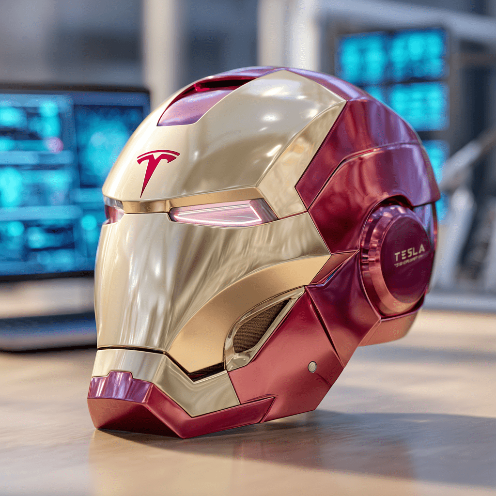 아이언맨 머리에 각인된 테슬라 로고